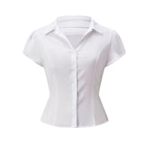 Pbong  Women Vintage Button Down T-Shirt Cottage Checkered Short Sleeve Blouse Tees 00s Aesthetic Crop Tops Y2k Streetwear