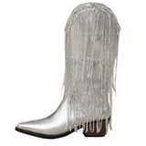 Pbong  Glittering Silver Cowboy Boots with Long Tassels, Pointed Toe Western Boots, Chunky Low Heel Biker Style