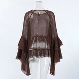 Pbong  Chiffon Loose Shirt For Women Sexy See-Through Ruffles Sleeve Blouse New Summer Chic Fashion Solid Casual Round Neck Shirts