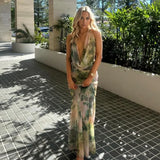 French Retro Style Tie Dye Printed Deep V-neck Hanging Neck Long Dress Sexy Party Dress Slim Women Summer Dresses New