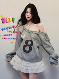 Y2K Streetwear Gray Sweatshirts Women Off Shoulder Loose Letter Pullovers Harajuku Retro Female Casual American Tops New