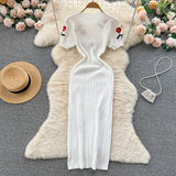 Pbong  Summer Knitted Elegant Embroidery Dress French Fashion White Black Short Sleeve Bodycon Dress Chic Lady Party Vestidos
