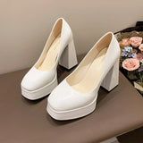 Pbong  Hot Sale Square Heels 10cm Chunky Heels Platform Pumps Double Color Blocking Women Party Dance Pumps