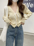 Women's Pointelle Knit Cardigan with Bow Long Sleeve Button Front Sweater Openwork Cardi Teen-girl Fairycore Balletcore Outfit