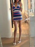 Sexy constrast color striped halter short dress y2k aesthetic euramerican all match slim bodycon clothes punk temperament dress