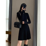 Pbong  Women's Knitted A- Line Mini Dress Hepburn Little Black Dress Autumn Winter Inner Wear Slimming Base Layer Skirt For Coat