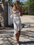 Hollow Out Halter Sexy Maxi Dress Women Gown White Lace Patchwork Sleeveless Backless Ruffled Split Club Long Dress