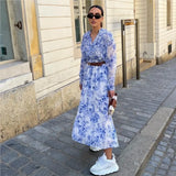 Blue Flower Print Fashion Long Dress Ruffle V-neck Lantern Sleeve Chic Spring Dress With Belt Vacation Beach Vestidos
