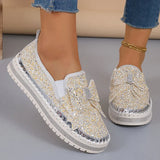 Pbong  Women's Gold Silver Bowtie Sequin Flats Shiny Crystal Thick Sole Platform Loafers Ladies Light Comfort Non Slip Casual Shoes