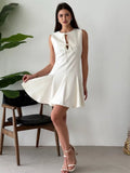 Pleated Tank Mini Dress For Women Bows Lace Up Hollow Sleeveless A-line Dress Fashion Commuting Clothes Solid Lady Dress
