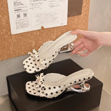 Pbong  French Polka Dot Bow Kitten Heel Mules for Women Summer Open Toe Slide Sandals Elegant Party Dress Slippers
