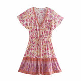 Pbong  Floral Boho Mini Dress Vintage Casual Summer Women Dress Flare Sleeve V-neck Button Front Ladies Chic Female Dress New