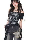 Y2k Print Vintage Off shoulder Short sleeve T Shirt Women Hip hop Basic Summer Crop Tops Streetwear Lady Tees Korean