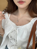 Pbong  Fake Two Pieces Woman All Match T Shirts Korean Slash Neck Puff Sleeve Tunic Tees Korean Casual Fashion Summer Bandage T-shirts