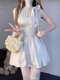 Pbong  Y2k Aesthetics Sweet Dresses Halter Bow Patchwork Pleated Slim Waist Dress Summer Vestidos De Mujer Streetwear Women Clothing