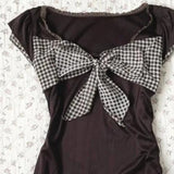 Pbong  Y2k Japanese Lolita Kawaii Slim Bow Short Sleeve Tees Subculture Sweet Vintage T Shirt 2000s Harajuku Plaid Patchwork Tops Chic