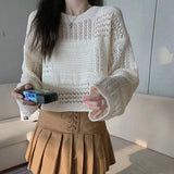 Long Sleeve Pointelle Knit Top Women Sheer Openwork Boxy-fit Crew Neck Pullovers Sweater Female Teen-girl Boho Vacation Outfit