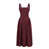 French Retro Style A-line Backless Strap Dress Solid Color Eleagant Chic Square Collar Party Dress 2025 New Female Vestidos