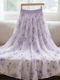 Purple Floral Chiffon Long Skirt Women High Waist Sweet Vintage Elegant Skirts Korean Casual Summer Soft Retro Long Skirts