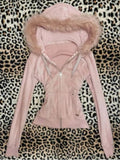 Pbong  Y2K Velvet Zipper Hoodie with faux fur collar, pink slim fit hoodie, casual winter streetwear, retro women's coat