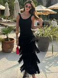 Women Solid Tassel Knitted Dresses Summer Female O-Neck Sleeveless Sheath Strap Dresses Two Colors