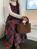 Winter Plaid A-line Skirt Women Clothing Woolen Vest Dress Sweet Age Reduction Vintage Dresses Korean Fashion Vestidos