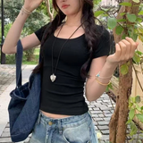 Solid Color Soft Basic Top for Women Summer Skinny Sexy T-shirt U Collar Shirt  Short Sleeve Top for Hot Girl