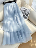 Chic Ruffles Chiffon Long Skirt Women High Waist Elegant Fashion Sweet Skirts Korean Casual Soft Female Blue Long Skirt New