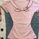 Pbong  2000s Harajuku Vintage Tops Japanese Style Sweet Bow Polka Dot T Shirts Y2k Casual Short Sleeve Korean Fashion Lolita Tees Chic