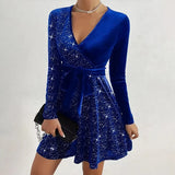 Pbong  Women's V-neck Sexy Long Sleeved Sequined Solid Color Dress High Street Fashion Elegant Party Evening Dresses