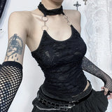 Gothic Halter Crop Top Women Vintage Cyberpunk Y2K Backless Ring Tank Top Sexy Harajuku O-Neck Bodycon Basic Tops