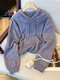 Pointelle Knit Hooded Sweater for Women Long Sleeve Pullover Sweater Hoodie Cosy Knitwear Teen-girl Autumn Winter Casual Outfit