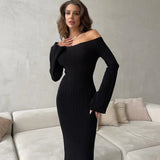 Simple Ribbed Knit Long Skirt Solid Color Slash Neck Chic Spring Autumn Women Dress Core Spun Yarn Fashion Slim Dresses 2025 New