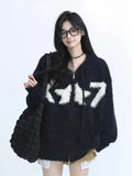 Faux Mink Cashmere Y2K Cardigan Sweater Women Streetwear American Vintage Knitted Hooded Jackets Hip Hop Star Letter Bf Tops New