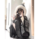 Pbong  Black And White Plaid Oversized Fur Shawl Coat Women's Spring Autumn Thick Outerwear with Tassel Loose Coat for Ladies