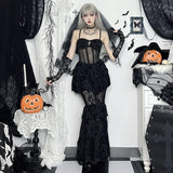 Gothic Dress Autumn New Sexy Long Dress Halloween Dark Style Elegant Mesh Strap Dress for Women
