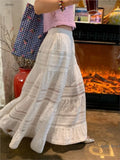 Embroidered Hollow Lace Spliced White Long Skirt 2025 Spring Summer New Elastic Waist Cotton A-line Vacation Beach Boho Skirt