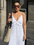 Pbong  New Women's V-Neck Halter Backless Dress Loose Ruffle Sleeveless Casual Office Lady High Street Long Dress