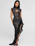 Mesh Lace Ruffled Sexy Maxi Dress For Women Gown Black Hollow Out Sleeveless Thigh High Split Club Long Dress Vestido