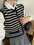 Striped Sweater Vest for Women Gold Button Waistcoat Soft Knitted Sleeveless Cardigan Jacket Top Fall Winter Korean Chic Outfit