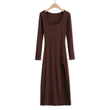 Pbong  Maxi Split Dresses for Women Solid Color Chic Temperament Robe Femme Slim Fit Square Collar Spring Dress
