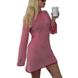 Pbong  Women Bodycon Knitted Dress Striped Round Neck Long Sleeve Casual Fall Short Dress