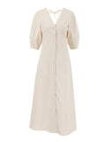 Elegant Beige Women Linen Dress Puff Sleeve Long Backless Button Dress Ladies V-Neck Cotton Dress Soft Fashion