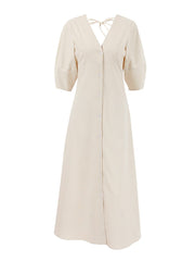 Elegant Beige Women Linen Dress Puff Sleeve Long Backless Button Dress Ladies V-Neck Cotton Dress Soft Fashion