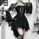 Y2K Gothic Black Lace Mesh See Through Flared Sleeve Smock Vintage Elegant Aesthetic Chains Women Fashion Tops Autumn