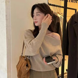 Pbong  Gentle One-Shoulder Lantern Sleeve Knitted Sweater Loose Fit Autumn Winter Fashion Single Wear Inner Match Versatile Shoulder