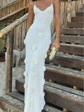 Three-dimensional Flower Knitt Backless Lace Up Vestidos Fashion V-neck Vacation Beach Long Dress Sexy Slim Party Dress 2024 New