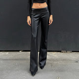 Pbong  Basic Solid Pu Leather Flare Pants Casual Slim Folds Low-Waisted Wide Leg Pants Women Autumn Spring Streetwear Office Lady