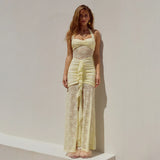 Halter Lace Draped Ruched Sexy Maxi Dress Women 2025 Summer Patchwork Backless Slit Slim Long Dress Female Vacation Beach Dress
