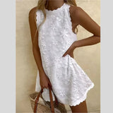 Pbong  Casual White Lace Mini Dress Women Summer Fashion Sleeveless Loose Chic Short Party Vacation Dresses Elegant Vestidos